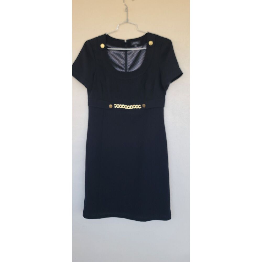 Tahari Black Dress W/Scoop Neckline Short Sleeves Gold-Tone Hardware Size 10